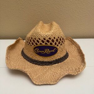 Vintage Crown Royal Advertising Straw Hat With Wired Rim For Adustability